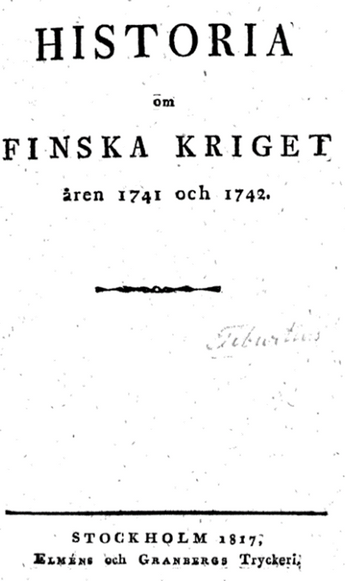 Ruotsinkielisen kirjan sivu:  Hisdtoria om Finska kriget åren 1741 och 1742